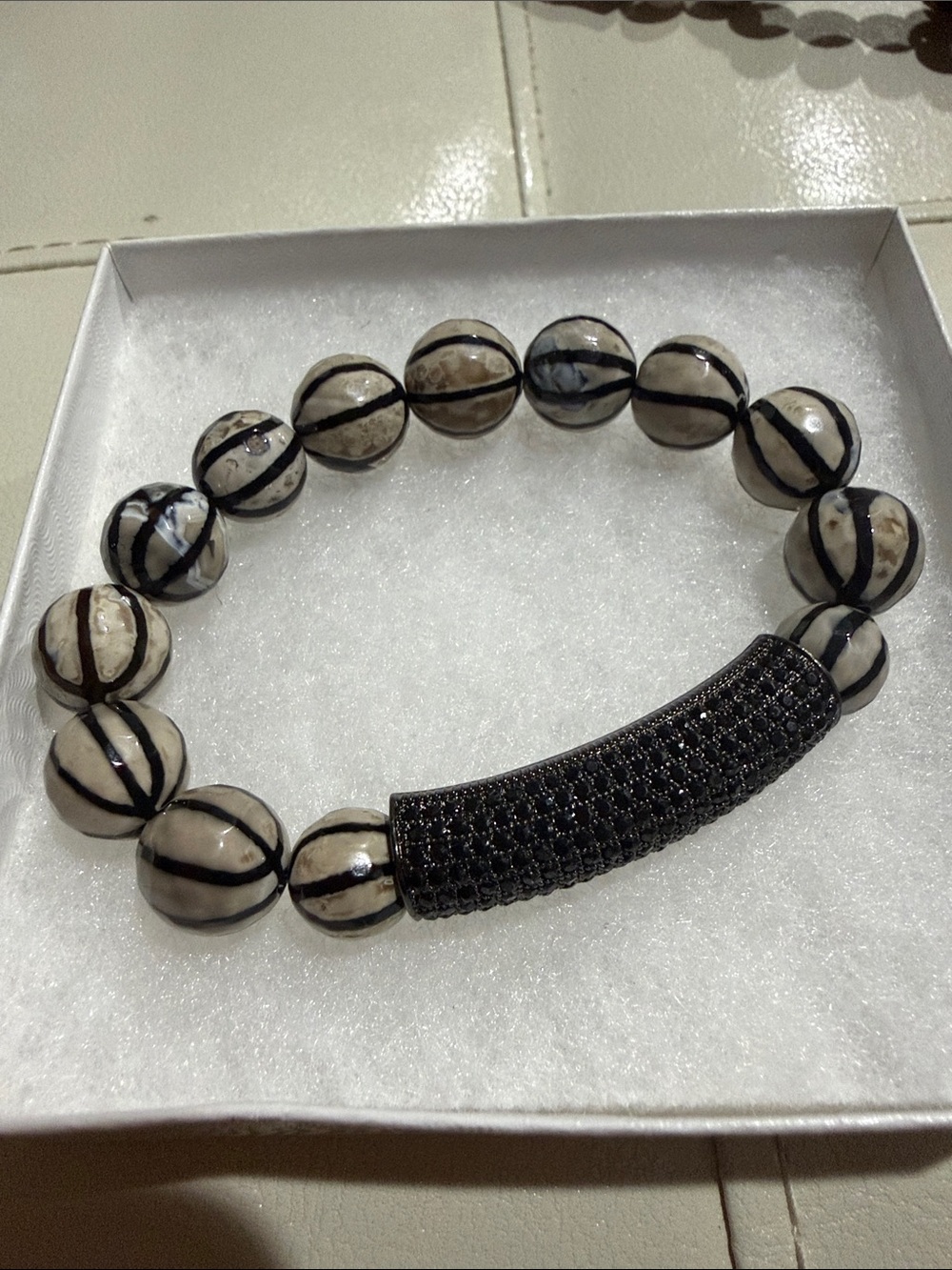 Black and White agate DZI Beaded Stretch Bracelet with Pave Accent